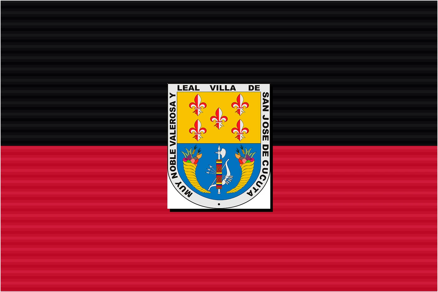 Bandera de Cúcuta, con franja negra superior, franja roja inferior y el escudo de la ciudad en el centro