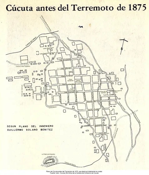 Plano de Cúcuta antes del terremoto de 1875, según el ingeniero Guillermo Solano Benítez