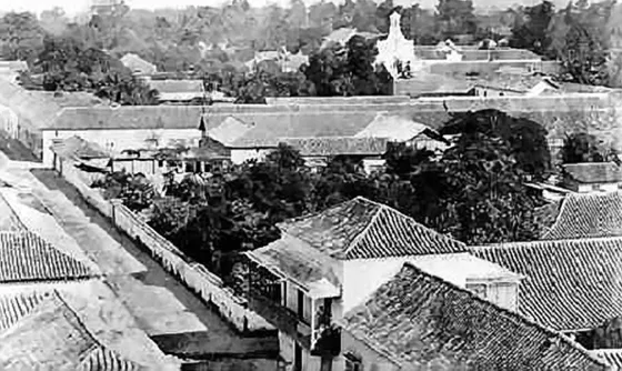 Panorámica de la ciudad desde a torre de la iglesia de San José con dirección al oriente. Ala derecha se ve el balcón de Chiossone, enseguida el solar con matas de mamón que perteneció a doña Ramona Gutierrez de Sarmiento y en la esquina al fondo la casa de doña Mercedes Acevedo. Al fondo se alcanza a divisar la torre de la iglesia de San Juan de Dios. Fuentes: Cámara de Comercio de Cúcuta y el doctor Virgilio Durán Martínez.