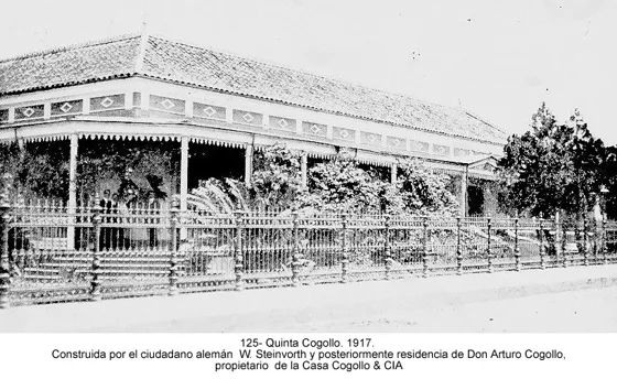 Quinta Cogollo. 1917. Construida por el ciudadano alemán W. Steinvorth y posteriormente residencia de Don Arturo Cogollo, propietario de la Casa Cogollo & Cía.