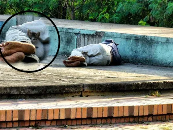 Indigente durmiendo en el sector del Malecón como detalle curioso un pequeño gato busca abrigo en sus piernas