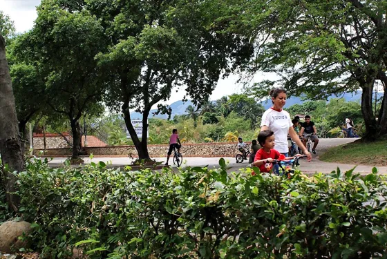 Niños y adultos pasean en bicicleta por el parque