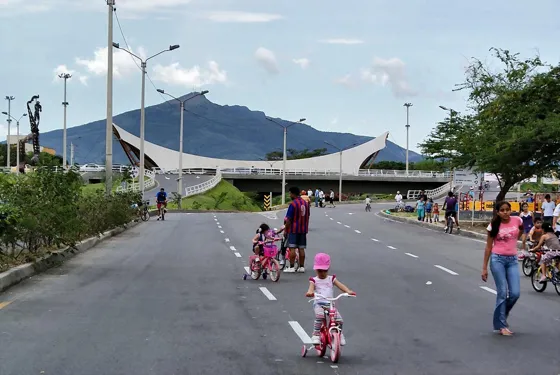 Familias en bicicleta por la avenida durante la ciclovía