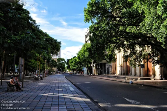 Avenida 5 entre calles 11 y 10, se aprecia parte del parque Santander y la catedral San José. Cúcuta