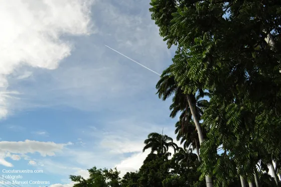Se aprecia la linea blanca que deja el vuelo intercontinental, parque Templo Histórico