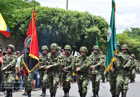 Tropas con banderas y estandartes ante el público