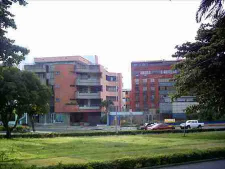 Edificios de apartamentos de ladrillo frente a las zonas verdes