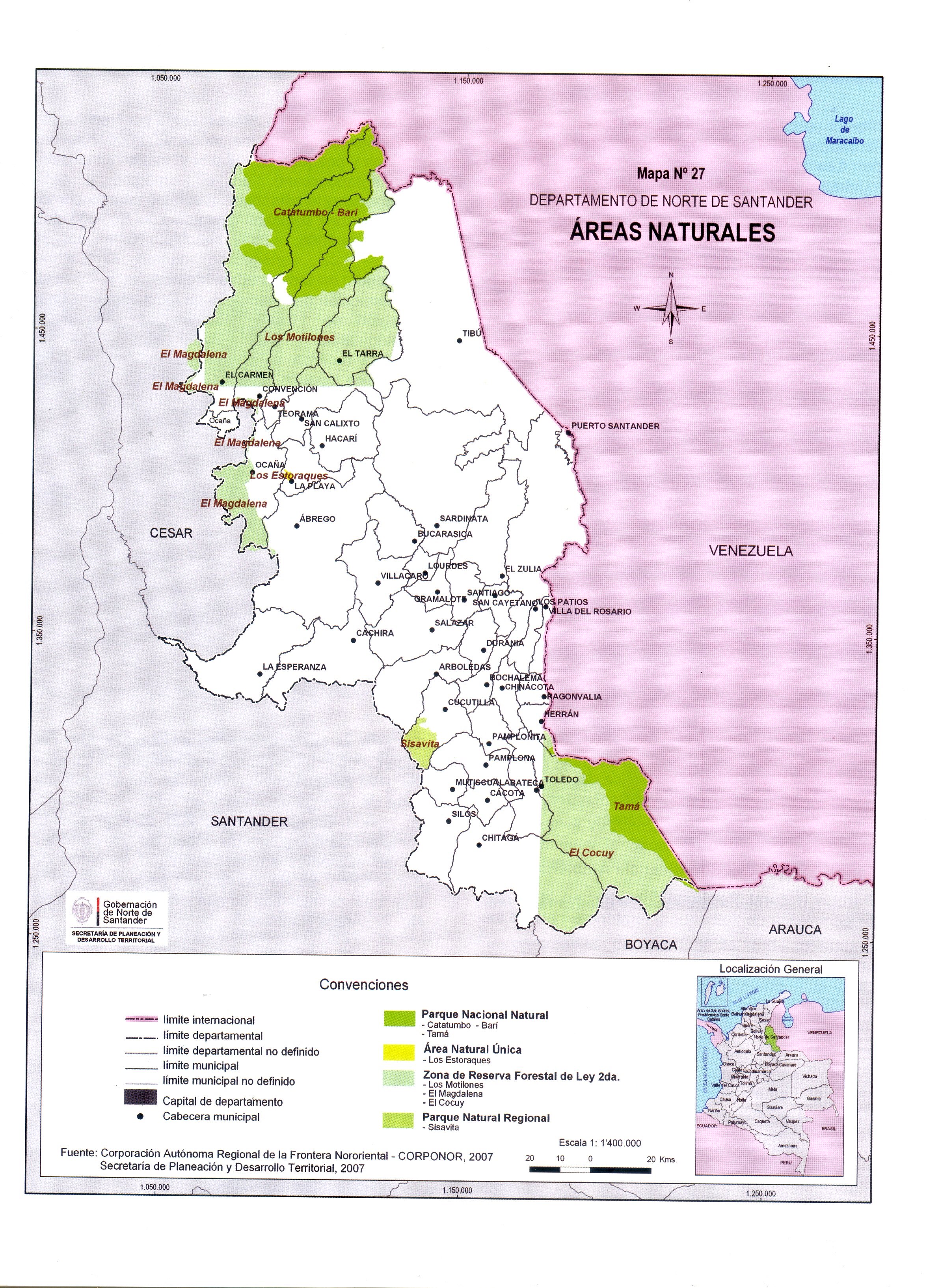 Mapa de áreas naturales de Norte de Santander