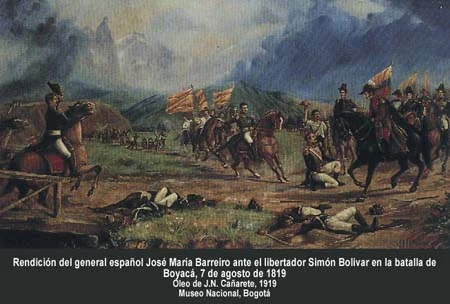 Rendición de Barreiro en Boyacá. Rendición del general español José María Barreiro ante el Libertador Simón Bolívar, 7 de agosto de 1819. Óleo de J. N. Cañarete, 1919. Museo Nacional, Bogotá.