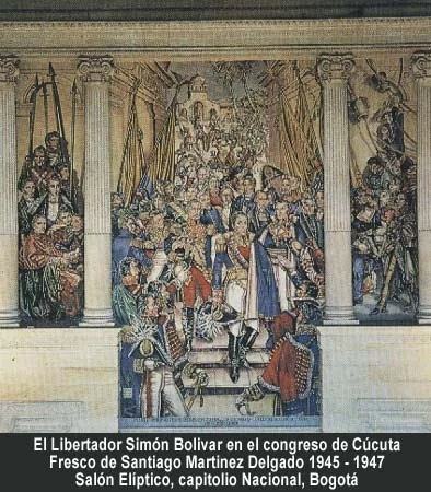 Bolívar en el Congreso de Cúcuta. Fresco de Santiago Martínez Delgado, 1945–1947. Salón Elíptico, Capitolio Nacional, Bogotá.
