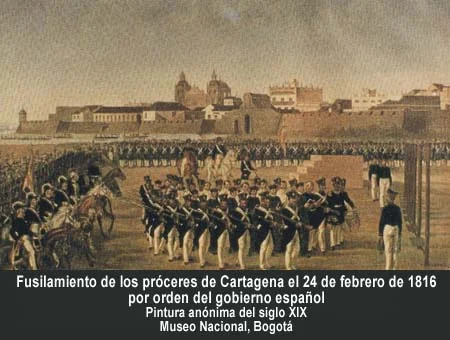 Fusilamiento de los próceres de Cartagena. 24 de febrero de 1816, por orden del gobierno español. Pintura anónima del siglo XIX. Museo Nacional, Bogotá.