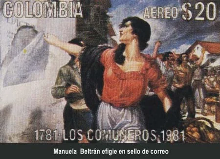 Manuela Beltrán. Su efigie en un sello de correo conmemorativo de los Comuneros, 1781–1981.