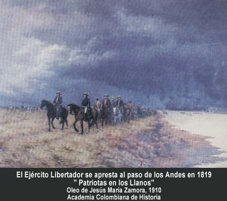 Patriotas en los Llanos. El Ejército Libertador se apresta al paso de los Andes en 1819. Óleo de Jesús María Zamora, 1910. Academia Colombiana de Historia.