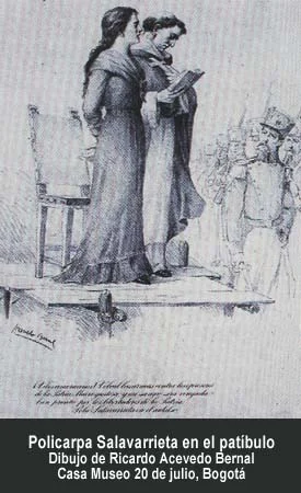 Policarpa Salavarrieta en el patíbulo. Dibujo de Ricardo Acevedo Bernal. Casa Museo 20 de Julio, Bogotá.
