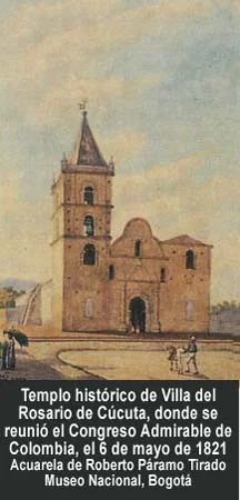 Templo Histórico de Villa del Rosario. Aquí se instaló el Congreso de Cúcuta el 6 de mayo de 1821. Acuarela de Roberto Páramo Tirado. Museo Nacional, Bogotá.