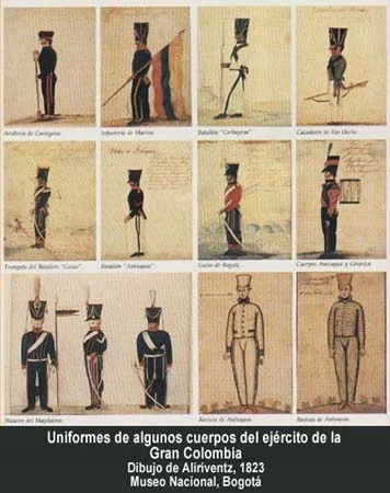 Uniformes del ejército de la Gran Colombia. Dibujo de Aliriventz, 1823. Museo Nacional, Bogotá.