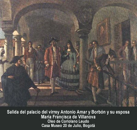 Salida del virrey Antonio Amar y Borbón. Salida del palacio del virrey y su esposa María Francisca de Villanova. Óleo de Coriolano Leudo. Casa Museo 20 de Julio, Bogotá.